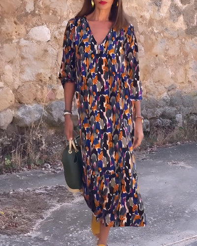 Nathalie | Retro drukowane sukienka z dekoltem w serek