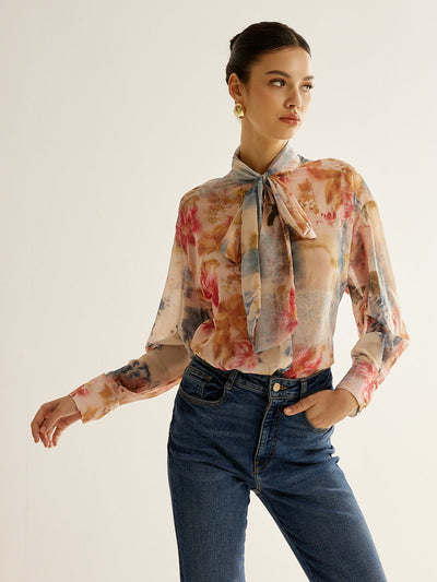 Cienka koszula z wiązanym kołnierzykiem w stylu romantycznym